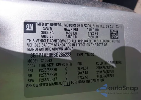 2011 GMC Sierra 1500 Sle z USA, uszkodzony, nr VIN 3GTP1VE06BG285223